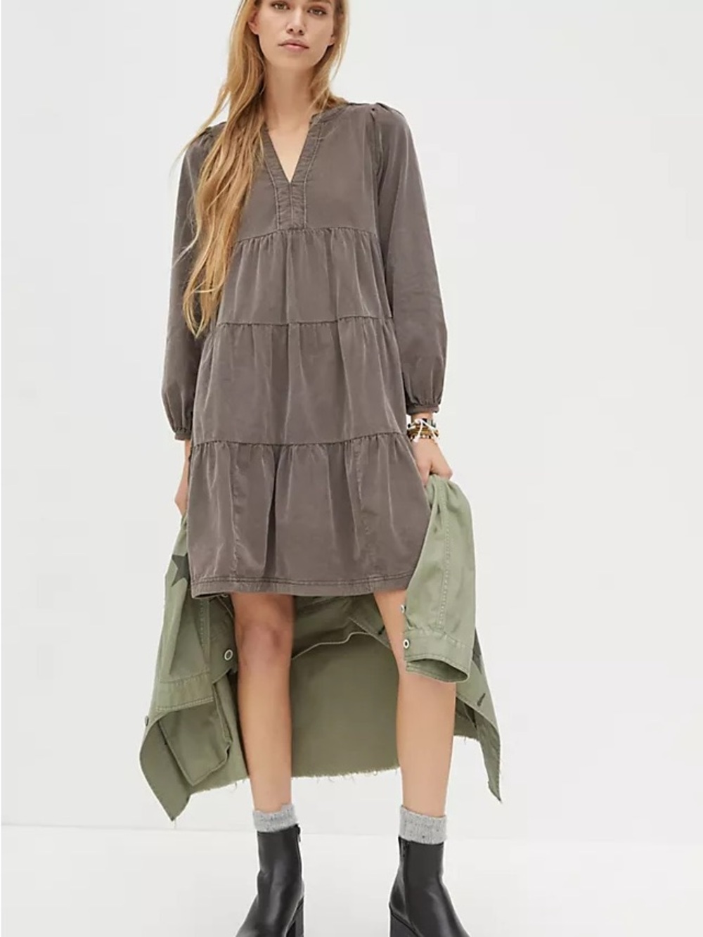 Anthropologie Taupe Tiered Mini Dress